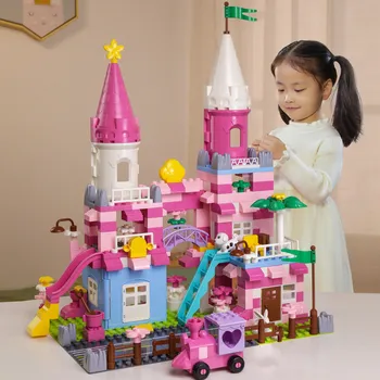 Голям Размер Розов Замък на Принцеси Блокове Играчка Къщата САМ Строителни Блокове на Цветни Тухли Фигурки, Играчки За Деца Коледен Подарък За Момичета