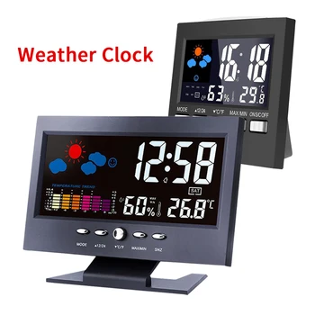 Цифров Часовник Термометър, Влагомер метеорологичната станция alarm clock температурен Сензор Цветен LCD Календар с гласово