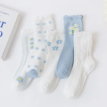 2022 Нова Мода Пролет и Есен Средната Тръба Дамски Ежедневни Чорапи Ins Прилив на Гората Синьо Цвете Балон Устата Карикатура Памучни Чорапи