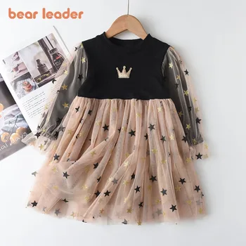 Bear Leader/ Сетчатое рокля със звездите За малки момичета, Пролетно-есенни Нови корейски рокли-опаковки за момичета, Газово рокля на Принцеса, Ежедневни Облекла за момичета