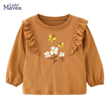 Little maven/ Тениска с дълъг ръкав за малки момичета, Есента Кафява Детска тениска с цветя и пеперуди, Нови Модни Върхове, Сладки Бебешки