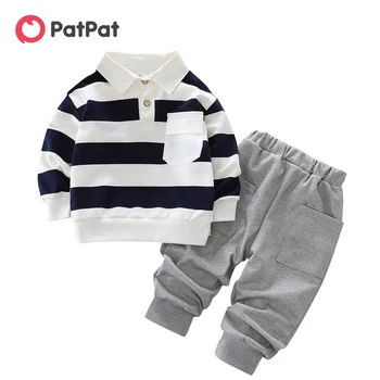 PatPat Комплект от 2 теми, ризи Поло в райе за малки момчета и сиви панталони