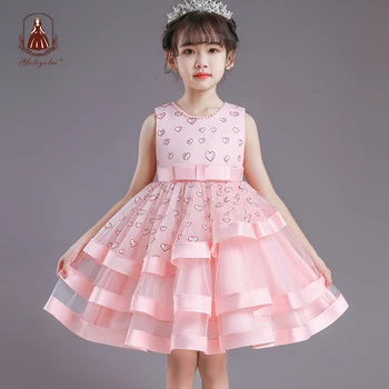 Yoliyolei/ многослойни детски рокли за момичета, асиметрично Дамско Рокля, Атласное Принцеса Рокля с Дължина до коляното, Бебешка рокля с цветен модел от 3 до 8 години