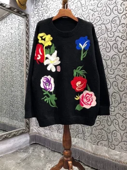 Висококачествени Вълнени Пуловери 2021 Есен Зима Трикотаж Дамски Розови Флорални Мотиви С Дълъг Ръкав Ежедневните Свободни Пуловери Crochet