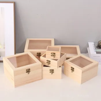 Дървена Кутия За Съхранение на обикновени Дървени кутии С Прозрачен Капак Многофункционална Квадратна Навесная Подарък Кутия За Бродерия Дървена Органайзер За Съхранение на Бижута