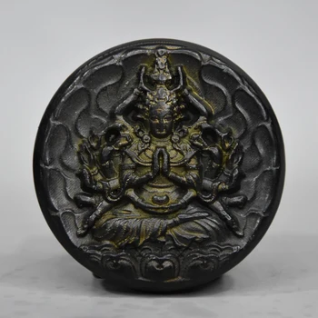 Култура Хуншань природен железен Метеорит Магнетит Китайска колекция от Тибет Будизма Хиляди Ръце на статуя Гуаньинь размер 7 см