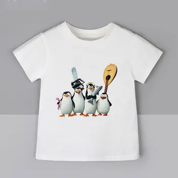 Лятна Нова Детски Дрехи, Блузи с Мадагаскарскими Пингвин за момчета, Тениски с Сладък Пингвин за Момичета, Бял Модерен детски топ Kawaii