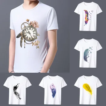 Модерна мъжка класическа бяла тениска С Принтом под формата на пера, Серия Графични Отпечатъци, Ежедневни Ежедневни Удобни мъжки Тънка Риза с Кръгло деколте