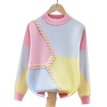 Топъл пуловер За момичета, цветен дизайн в стил мозайка, Детски Вязаный Пуловер с руното облицовка На Възраст от 5 до 15 години, Детска есенно-зимни Дрехи