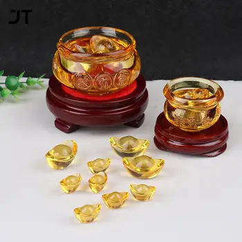 Фън Шуй Китайски Crystal Златни Кюлчета Стъкло Жълто Богатство Купа Съкровища Статуя Украса