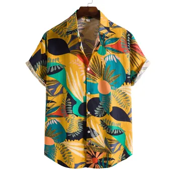Цветен Принт Памук Бельо Хавайска Риза За Мъже Camisas Homme Марка Slim Fit Къс Ръкав Плажни Ризи За Мъже Празнична Облекло За Почивка