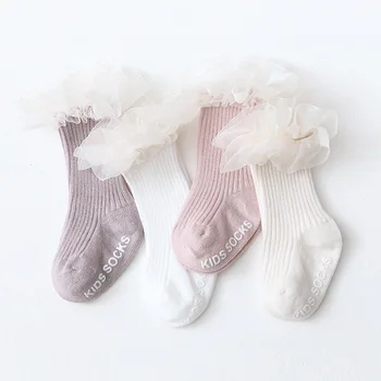 Чорапи за новородено, Детски Чорапи до коляното с Рюшами За момичета, Нескользящие Памучни Бебешки Дълги Дантелени Чорапи с волани за 0-3 години